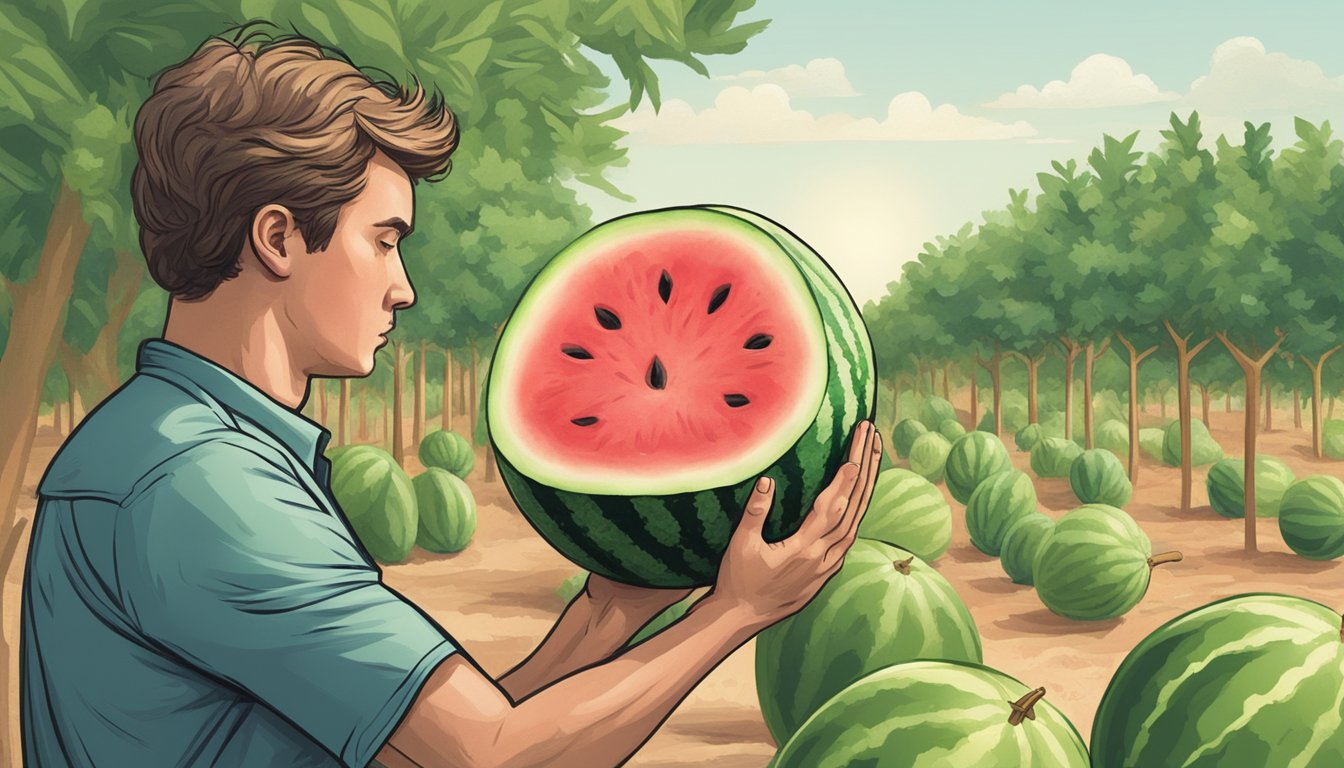 A person thumping a watermelon with a closed fist, listening for a deep, hollow sound to indicate ripeness