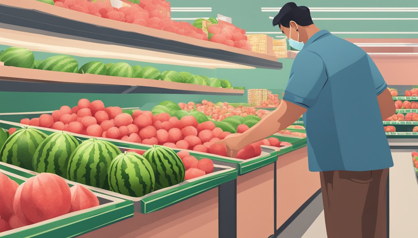 A person selecting a ripe watermelon from a display at a grocery store. The watermelons are arranged neatly on a table, with one being lifted for inspection