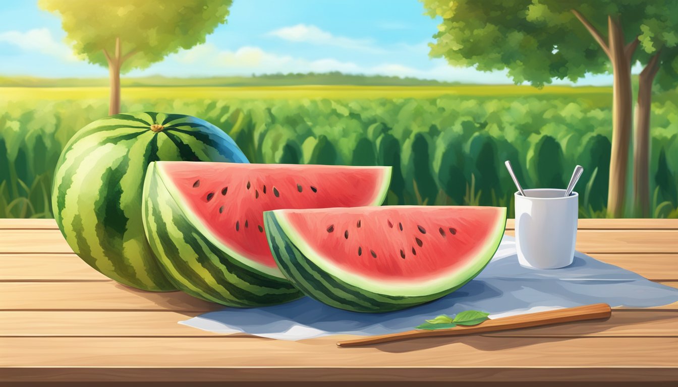 A watermelon sitting on a wooden table, surrounded by a sunny summer scene with a clear blue sky and ripe green fields in the background