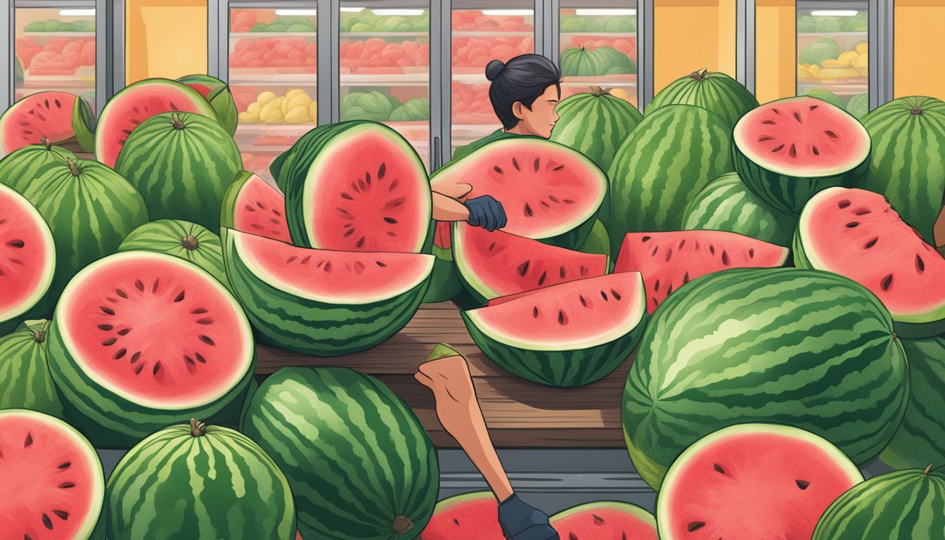 A person selecting a ripe watermelon from a pile at a grocery store