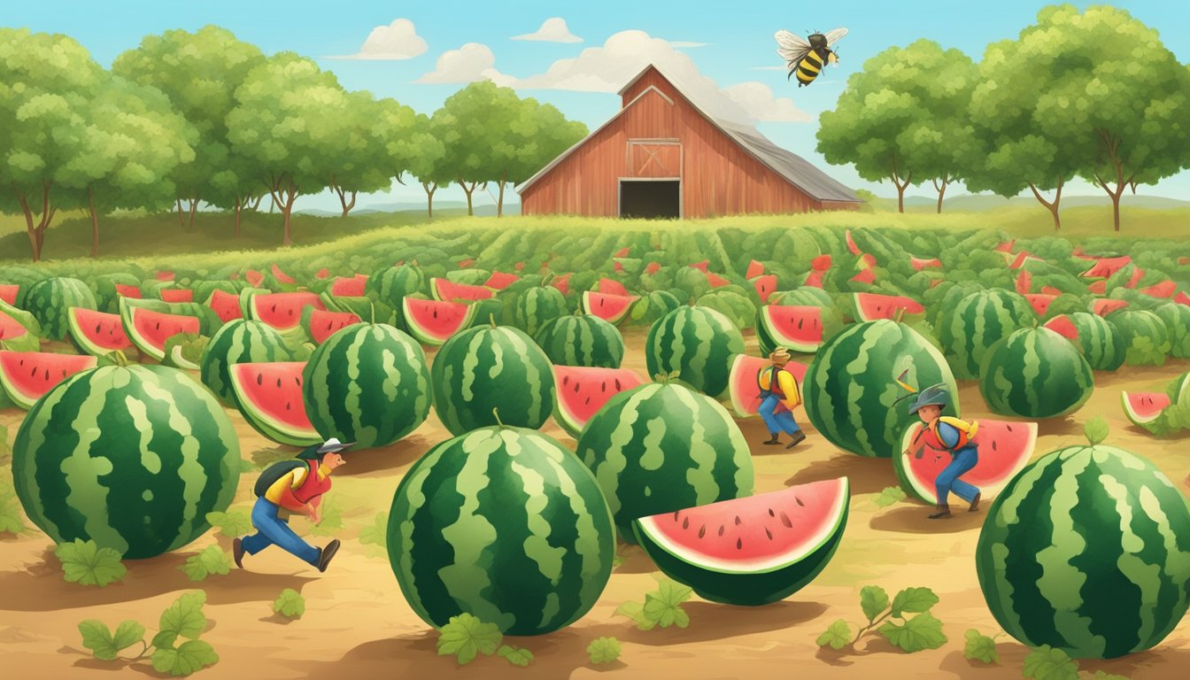 A sunny watermelon patch with vines, bees buzzing, and a farmer thumping melons for ripeness