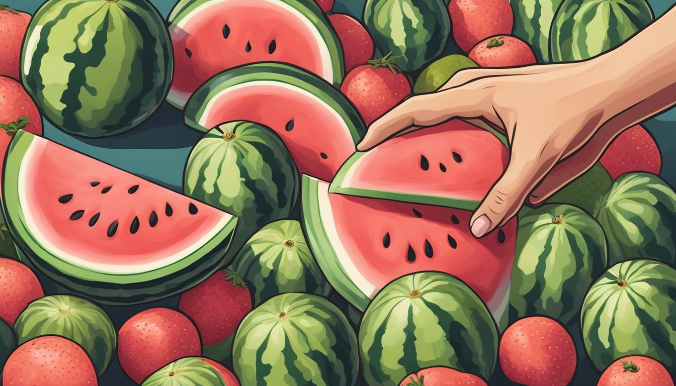 A hand reaching for a ripe, seedless watermelon among a display of fresh produce at a grocery store