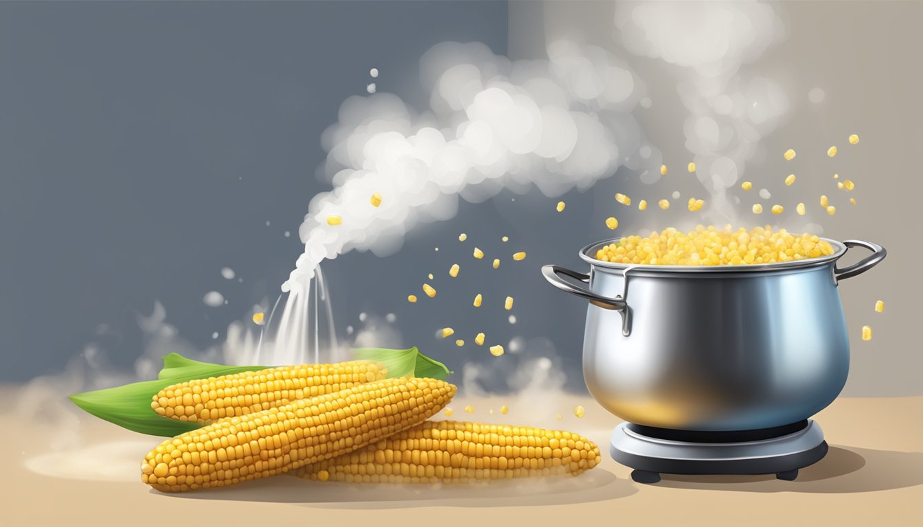 A pot of boiling water with corn cobs being dropped in. Steam rising