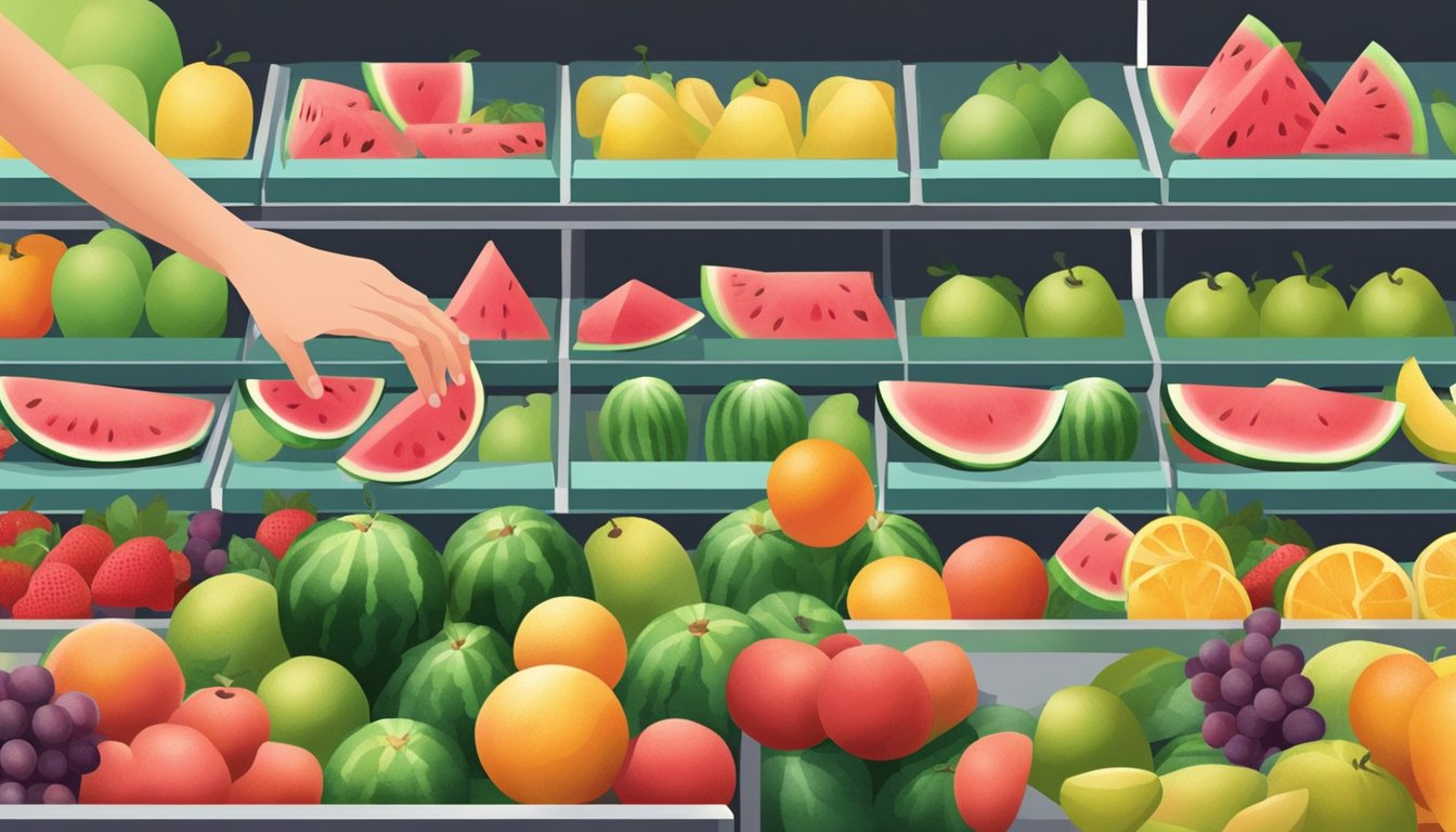 A hand reaching for a mini watermelon on a display of various fruits in a grocery store