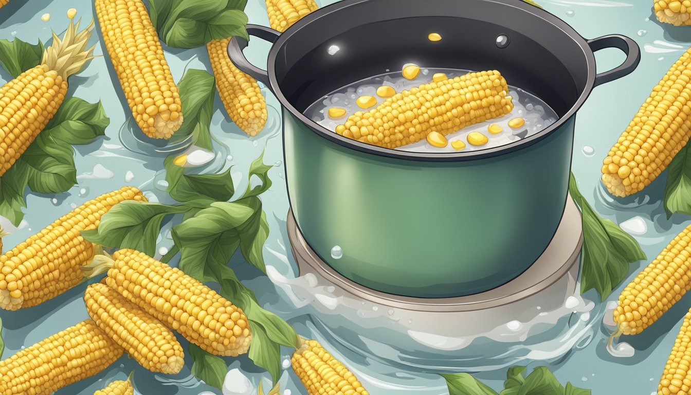 A pot of boiling water with several ears of corn on the cob submerged