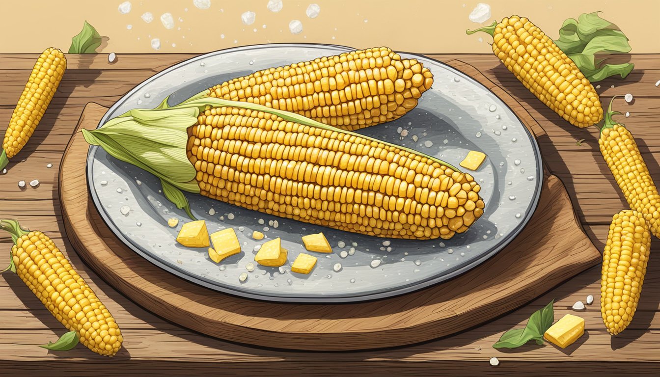 Freshly baked corn on the cob sits on a rustic wooden serving platter, surrounded by a sprinkle of sea salt and a drizzle of melted butter