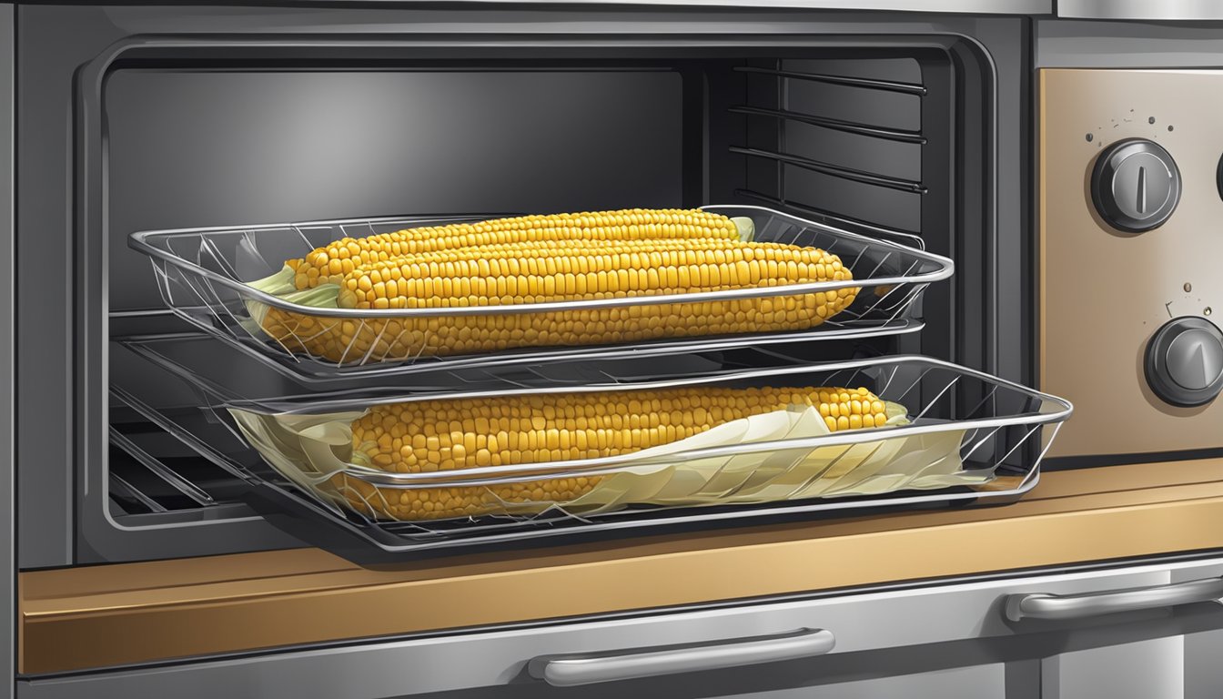 A tray of corn on the cob wrapped in foil is placed in the oven, with a timer set and a clean kitchen in the background