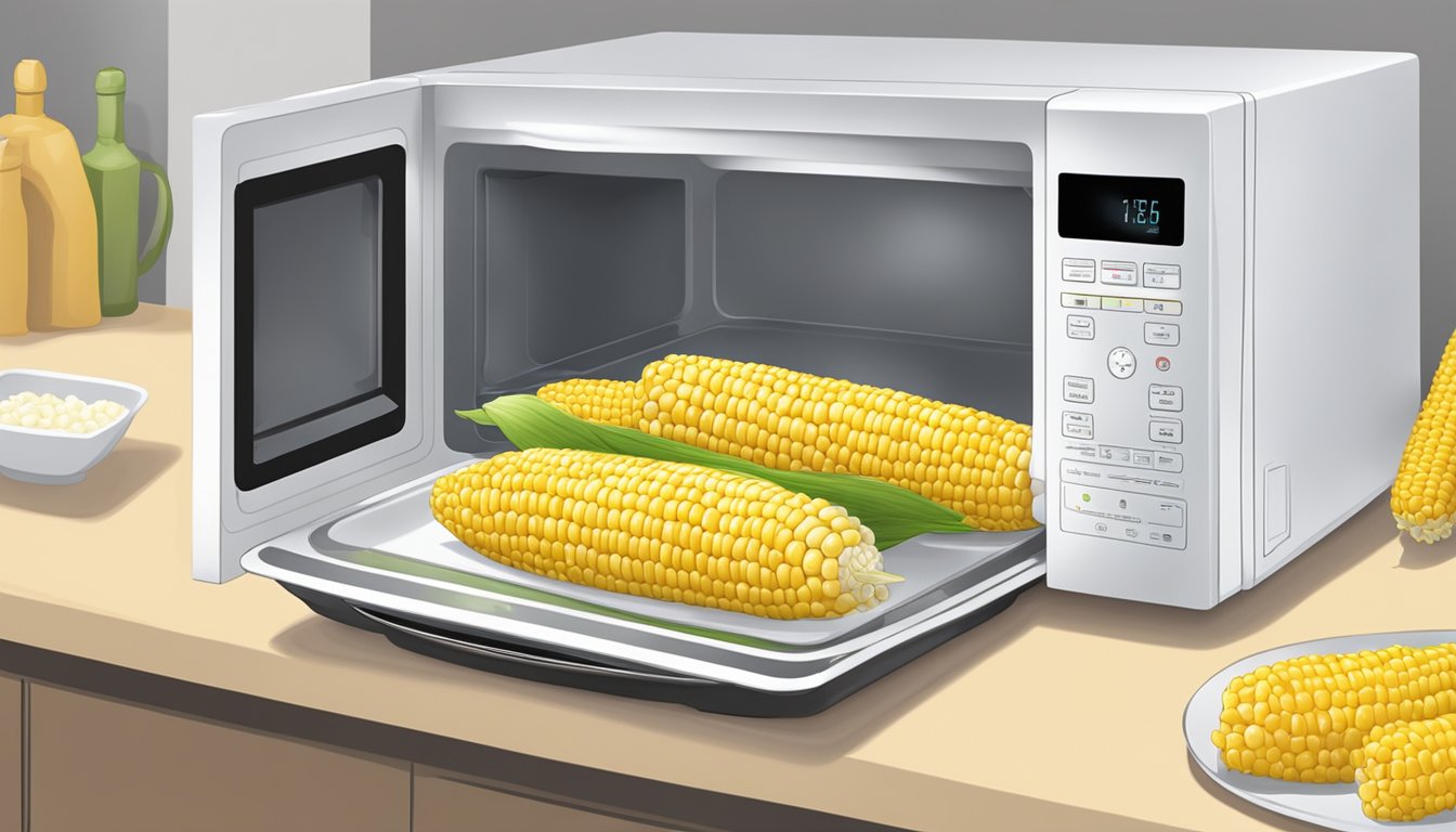 Fresh corn on the cob being placed on a microwave-safe plate with a cover, ready to be cooked in the microwave