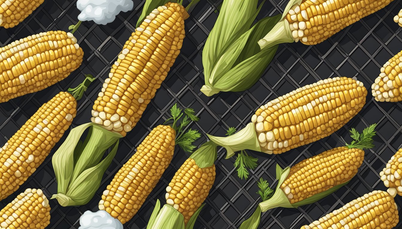 Corn on the cob sizzling on the grill, charred and smoky, with a pat of melting butter and a sprinkle of herbs