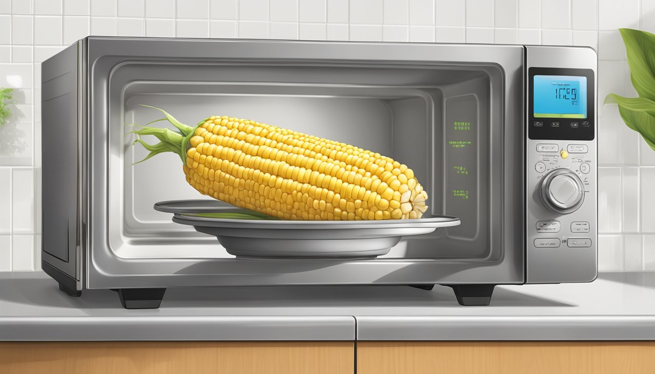 An ear of corn on a microwave-safe plate, covered with a microwave-safe lid, with steam rising from the cob