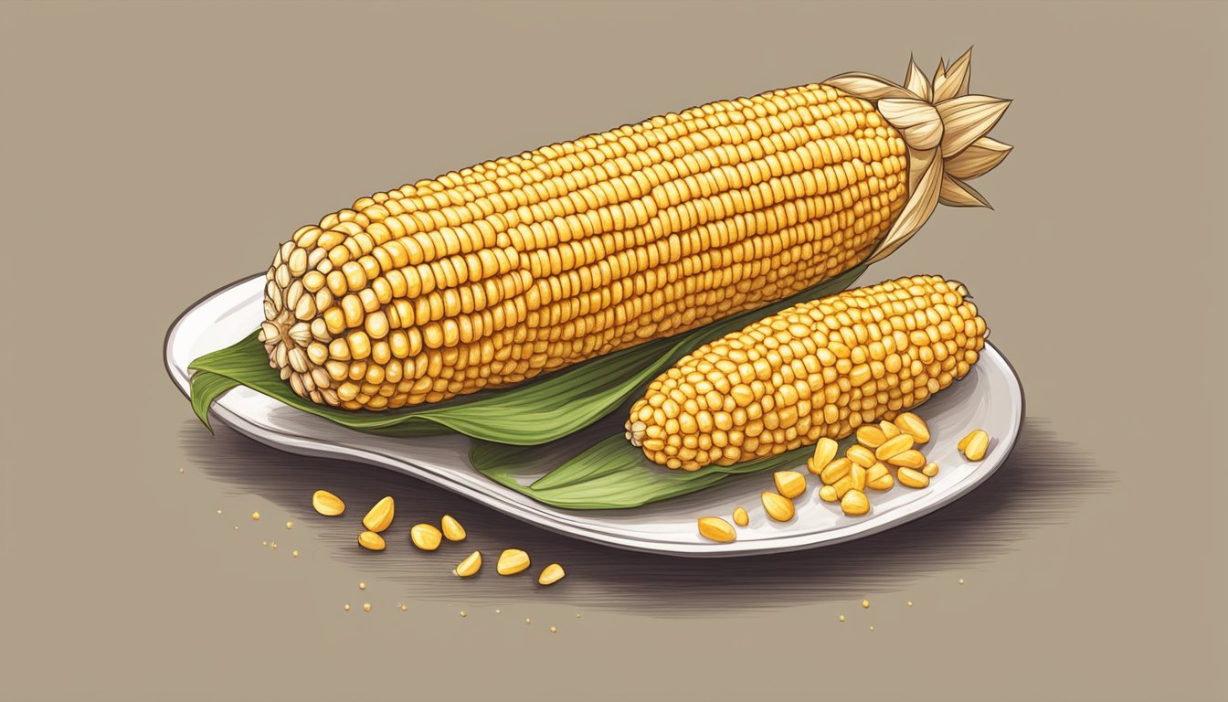 A golden corn on the cob, baked to perfection, is being generously sprinkled with a tantalizing combination of seasonings