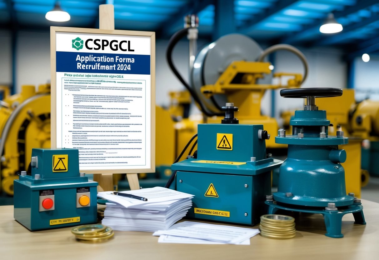 A group of industrial machinery and equipment with a stack of application forms and a notification poster for CSPGCL Recruitment 2024