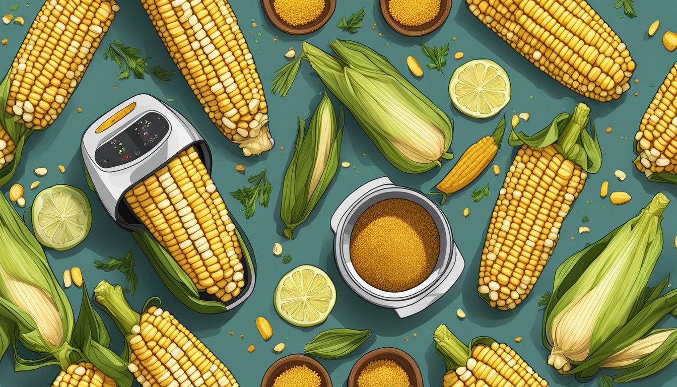 Fresh corn on the cob arranged around an air fryer, with various seasonings and spices scattered nearby for creative flavor variations