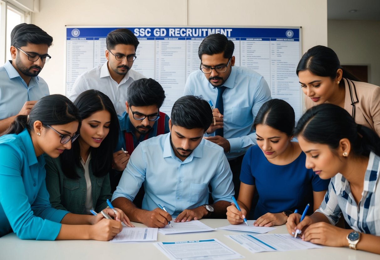 A group of diverse individuals eagerly filling out application forms for the SSC GD recruitment, with a large number of vacant positions displayed on a notice board