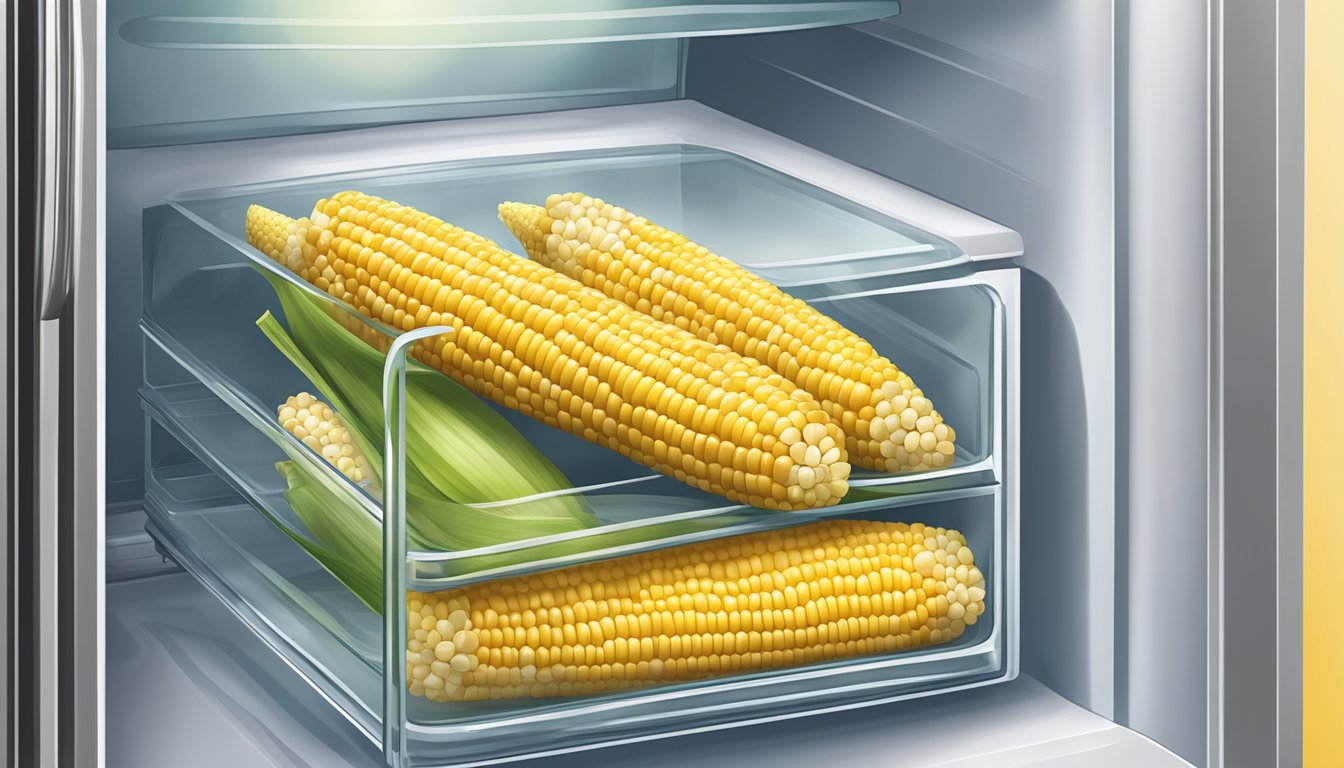 A glass container filled with baked corn on the cob, sealed with a lid, placed in a refrigerator