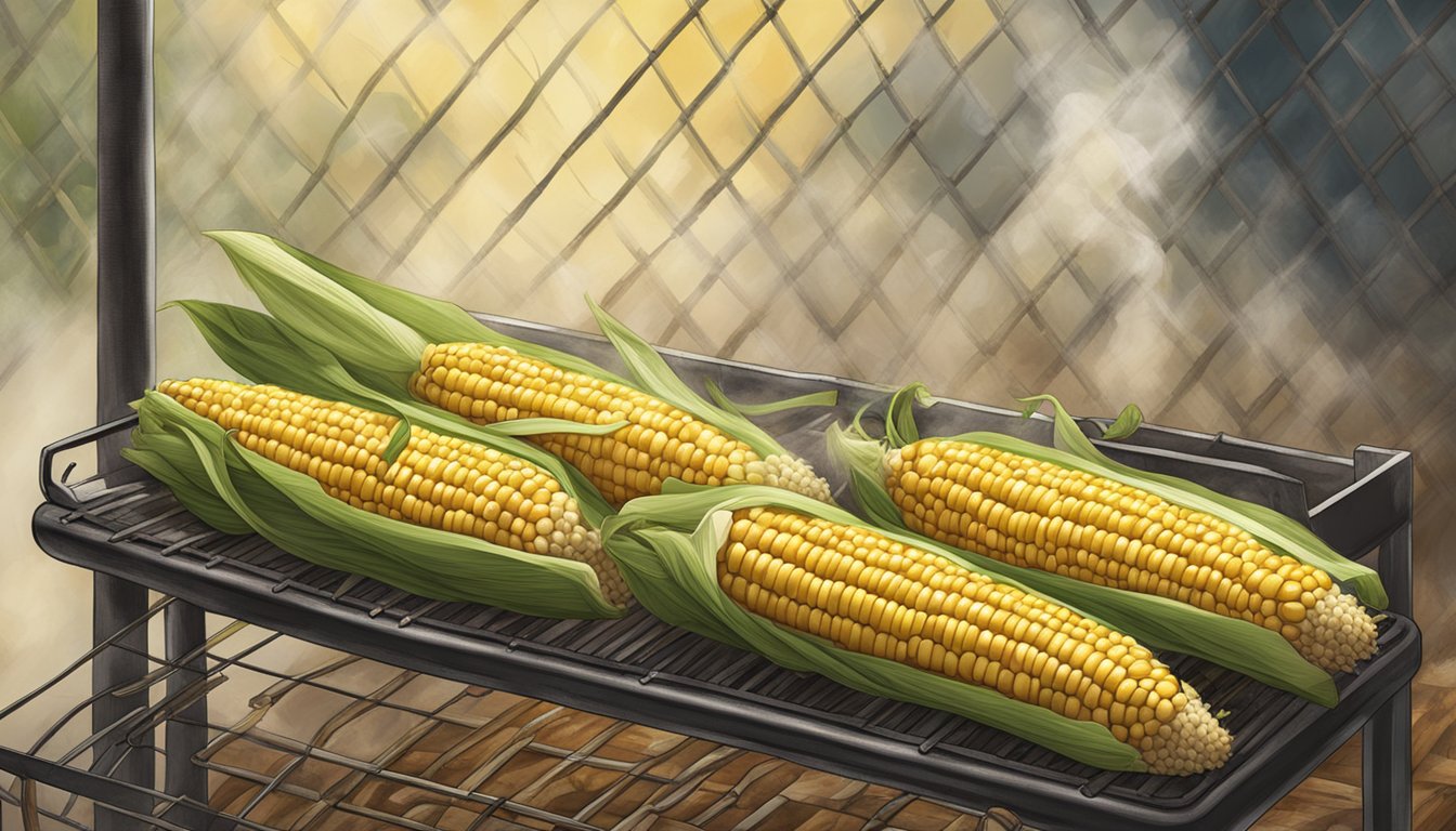 Corn on the cob arranged on a smoker rack, smoke billowing around it