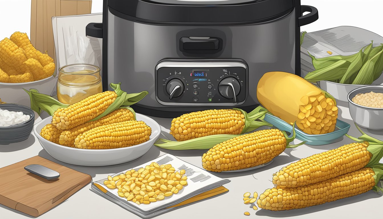 A pile of leftover corn on the cob sits next to an air fryer, surrounded by various recipe books and cooking utensils