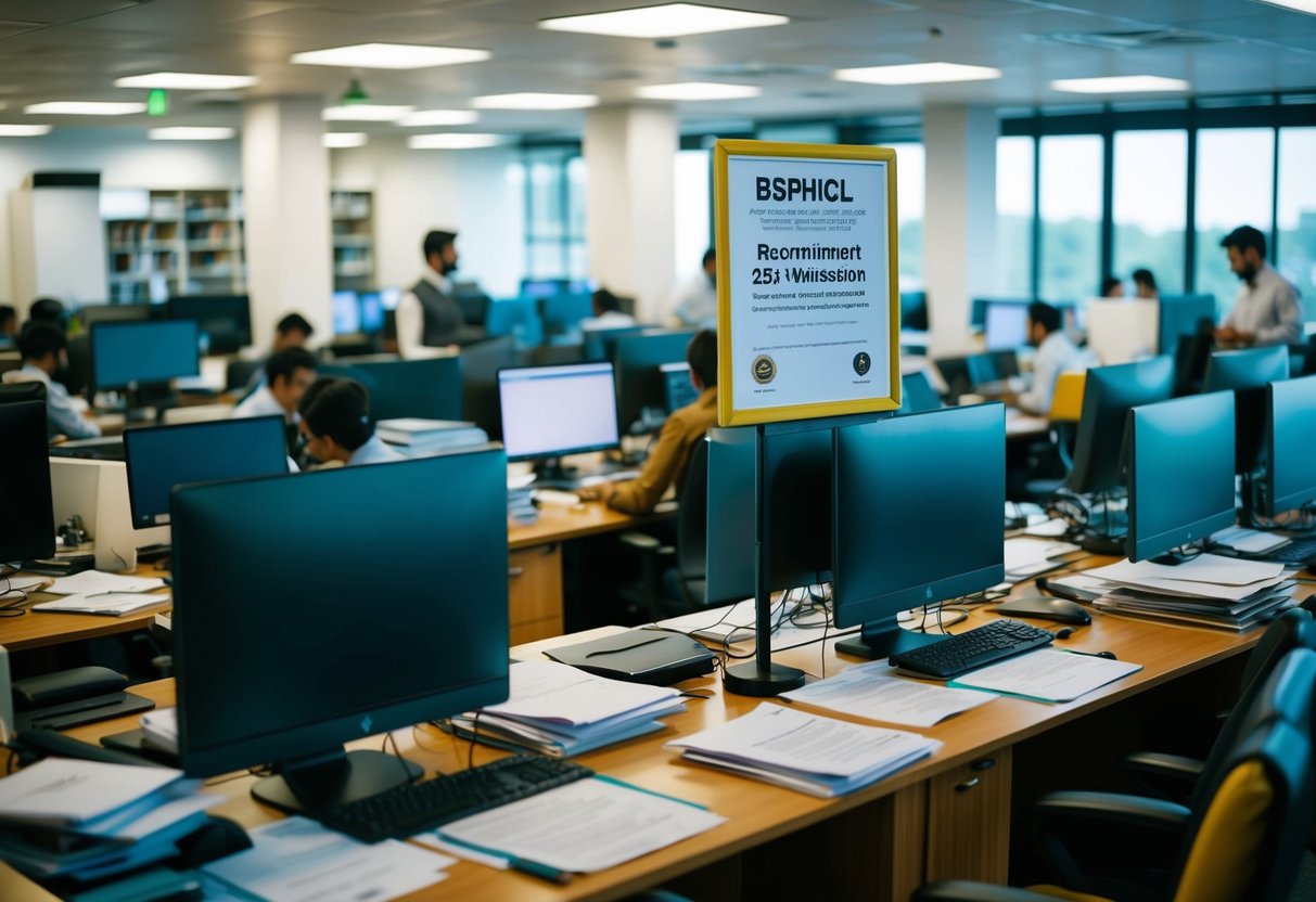 A bustling office with multiple desks, computers, and paperwork scattered around. A prominent notice board displays the BSPHCL Recruitment 2024 notification