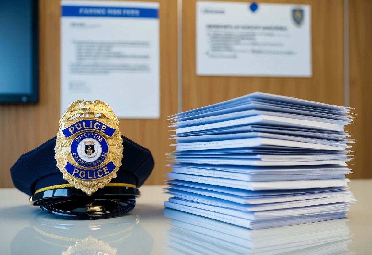 A police badge and a stack of application forms on a desk, with a notification letter and eligibility requirements pinned to the wall