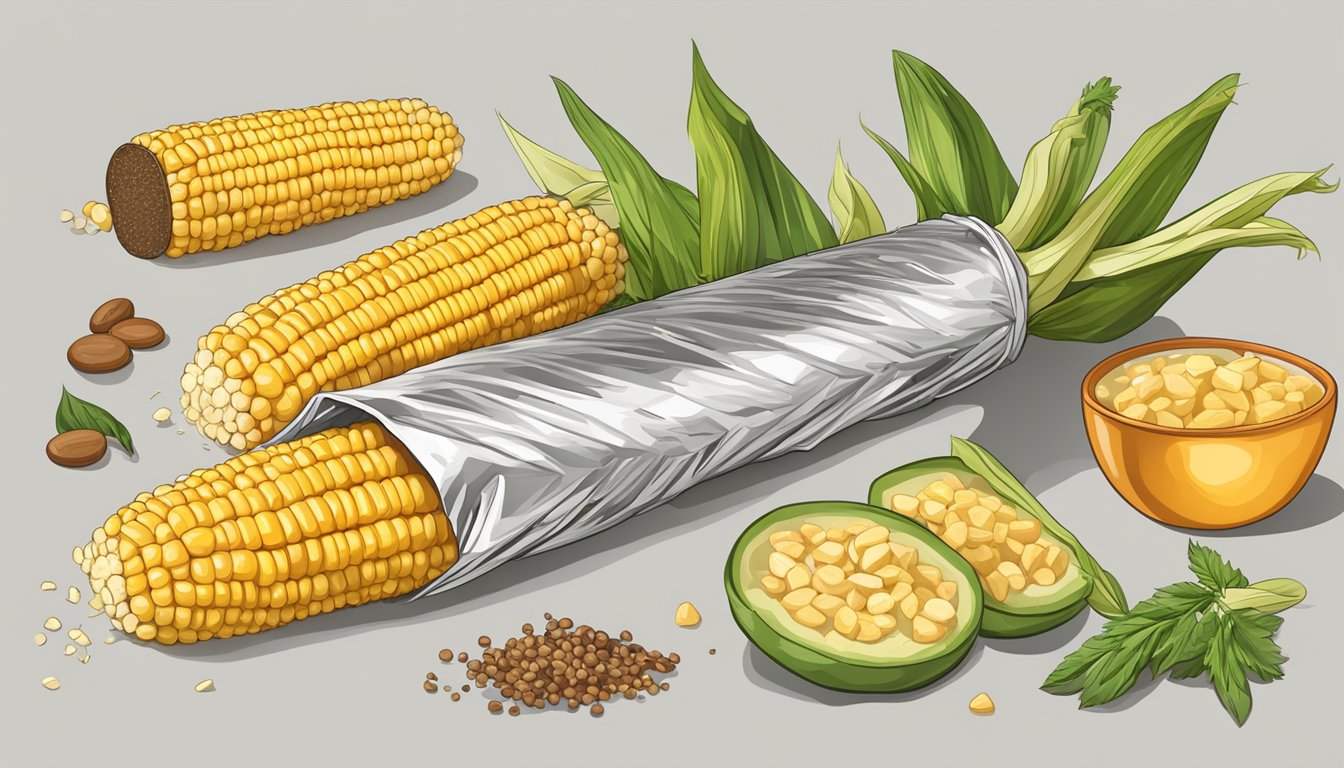 A cob of corn wrapped in foil grilling on a barbecue, surrounded by various seasonings and flavor enhancers