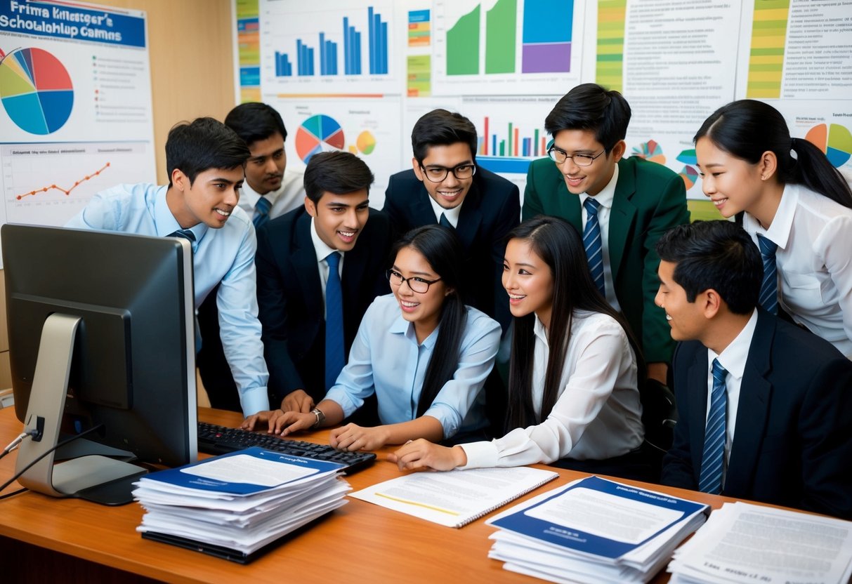 A group of students eagerly gather around a computer, researching the Prime Minister's Scholarship Scheme. Charts and graphs cover the walls, and a stack of scholarship applications sits on the desk