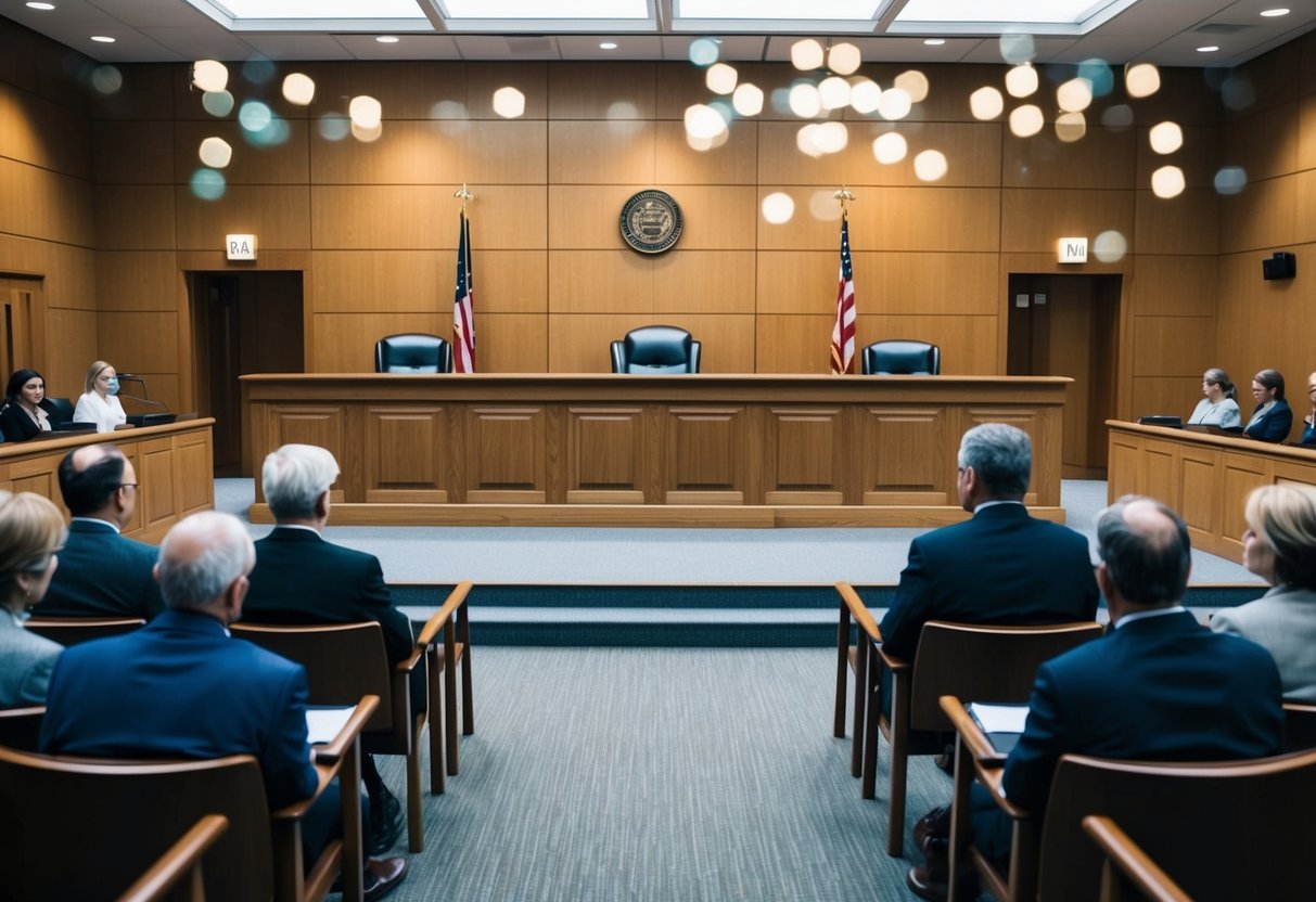 A courtroom with a judge's bench, witness stand, and seating area for the jury and spectators