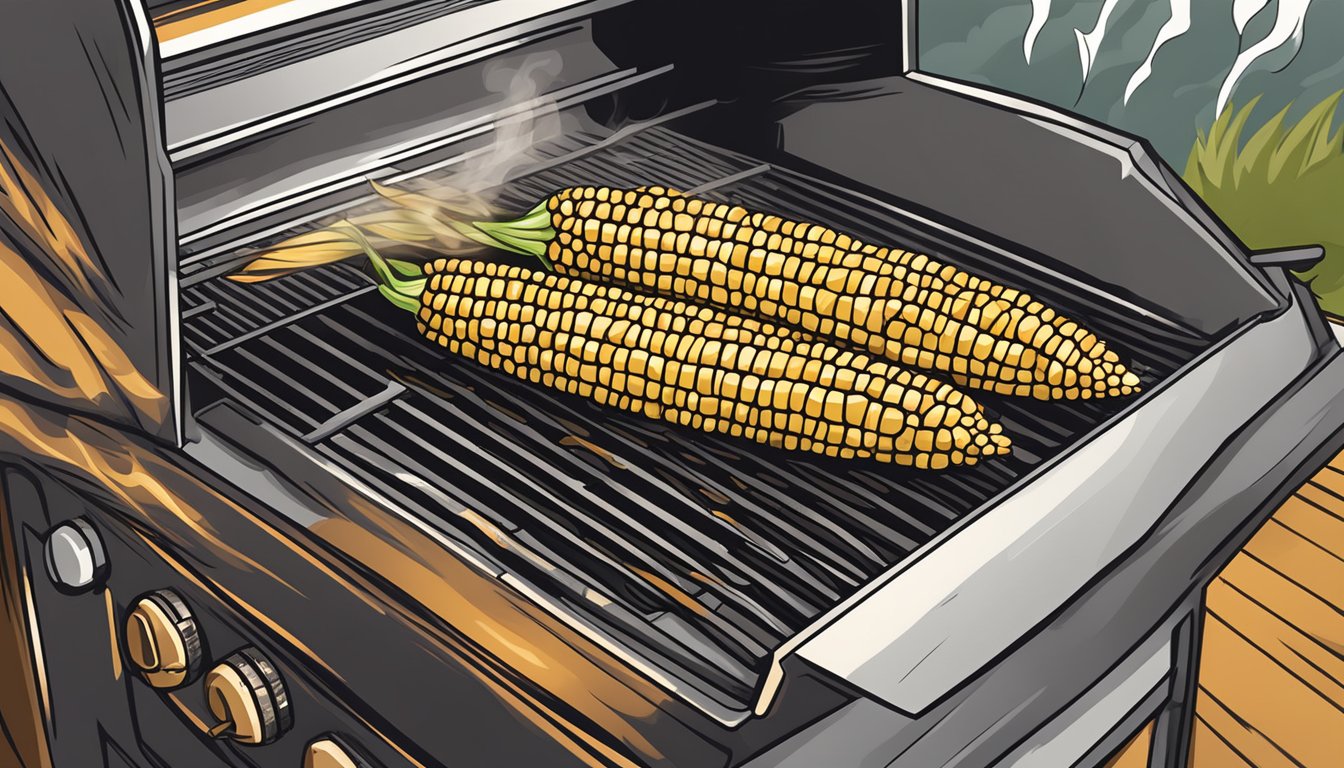 A corn on the cob grilling on a Traeger grill, with the smoke and flames rising around it