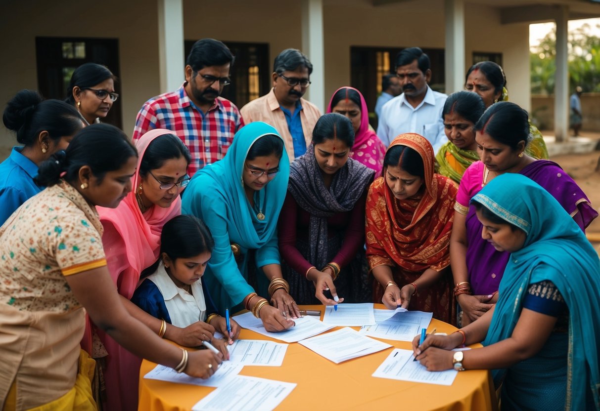 A group of people gathered around a community center, discussing and filling out application forms for the Odisha Antyodaya Gruha Yojana