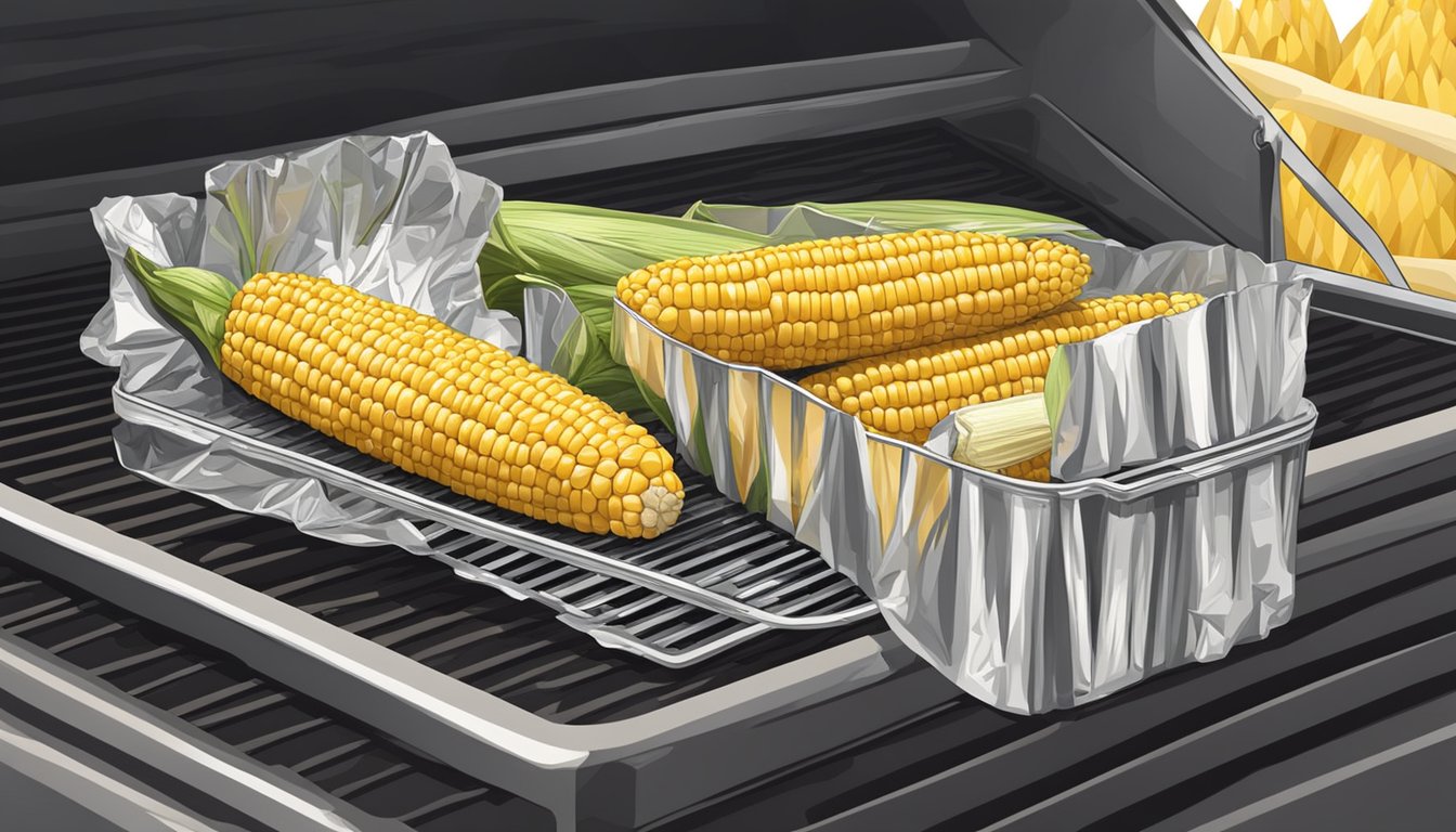 Corn on the cob wrapped in foil on a grill, with a nearby storage container for leftovers