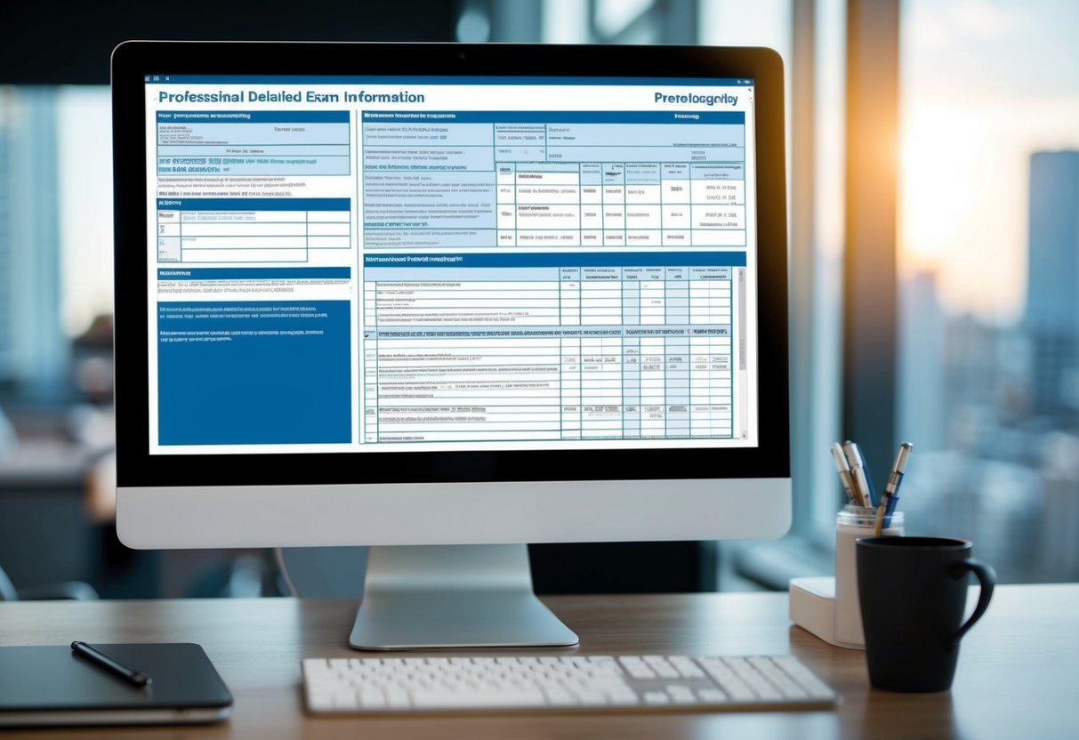 A desk with a computer screen displaying detailed exam information, a shift-wise response sheet, and a section for submitting objections