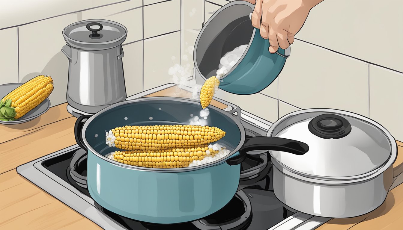 A pot of boiling water on the stove, with a corn cob being lowered into it and a hand reaching for a salt shaker