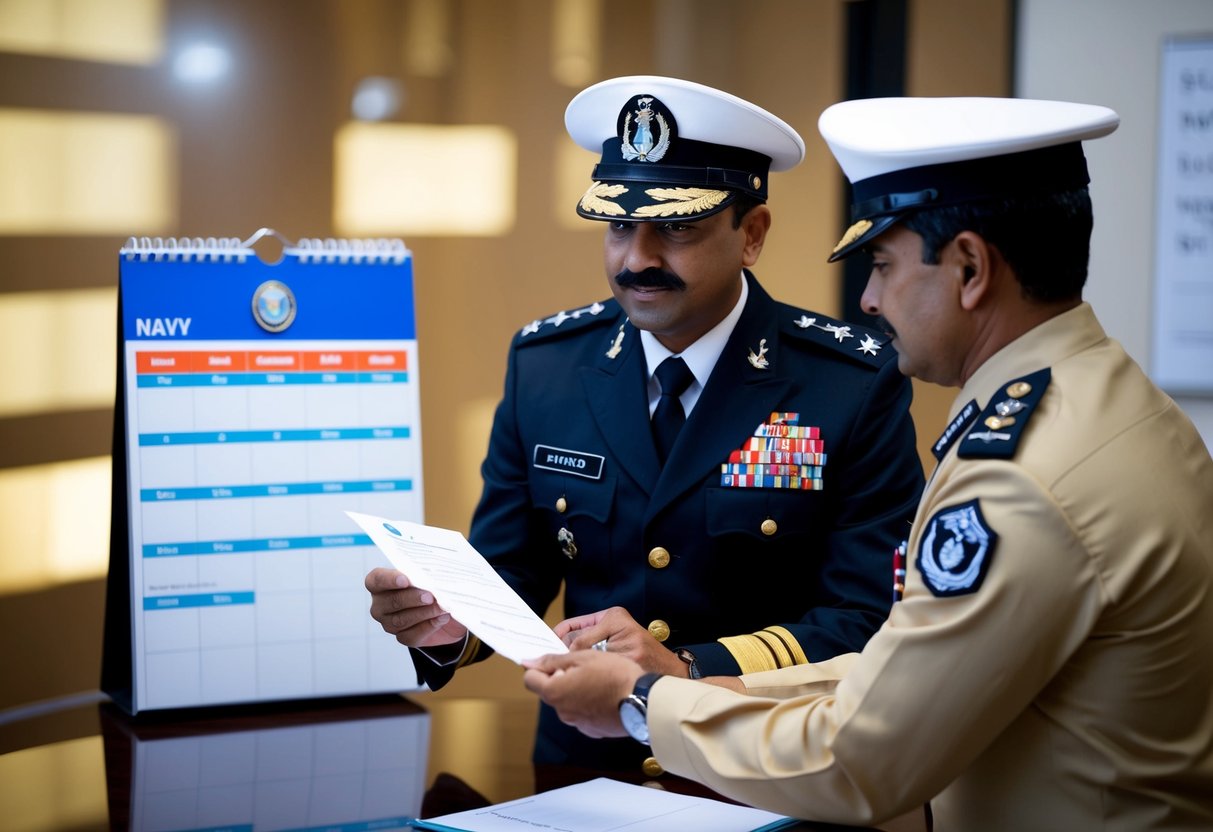 A naval officer in uniform receiving an official letter with the Indian Navy logo, while a calendar with SSB schedule and selection process is displayed in the background