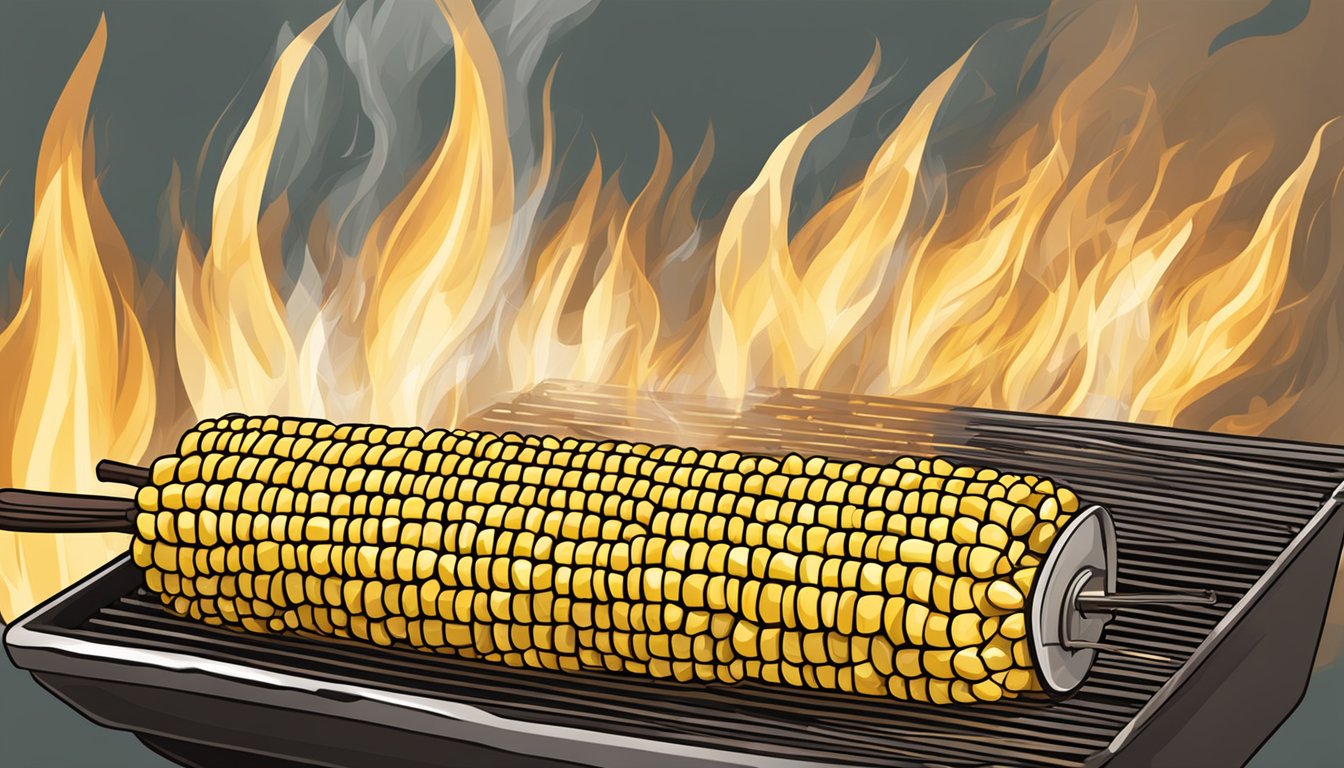 A barbecue grill with corn on the cob cooking over the flames