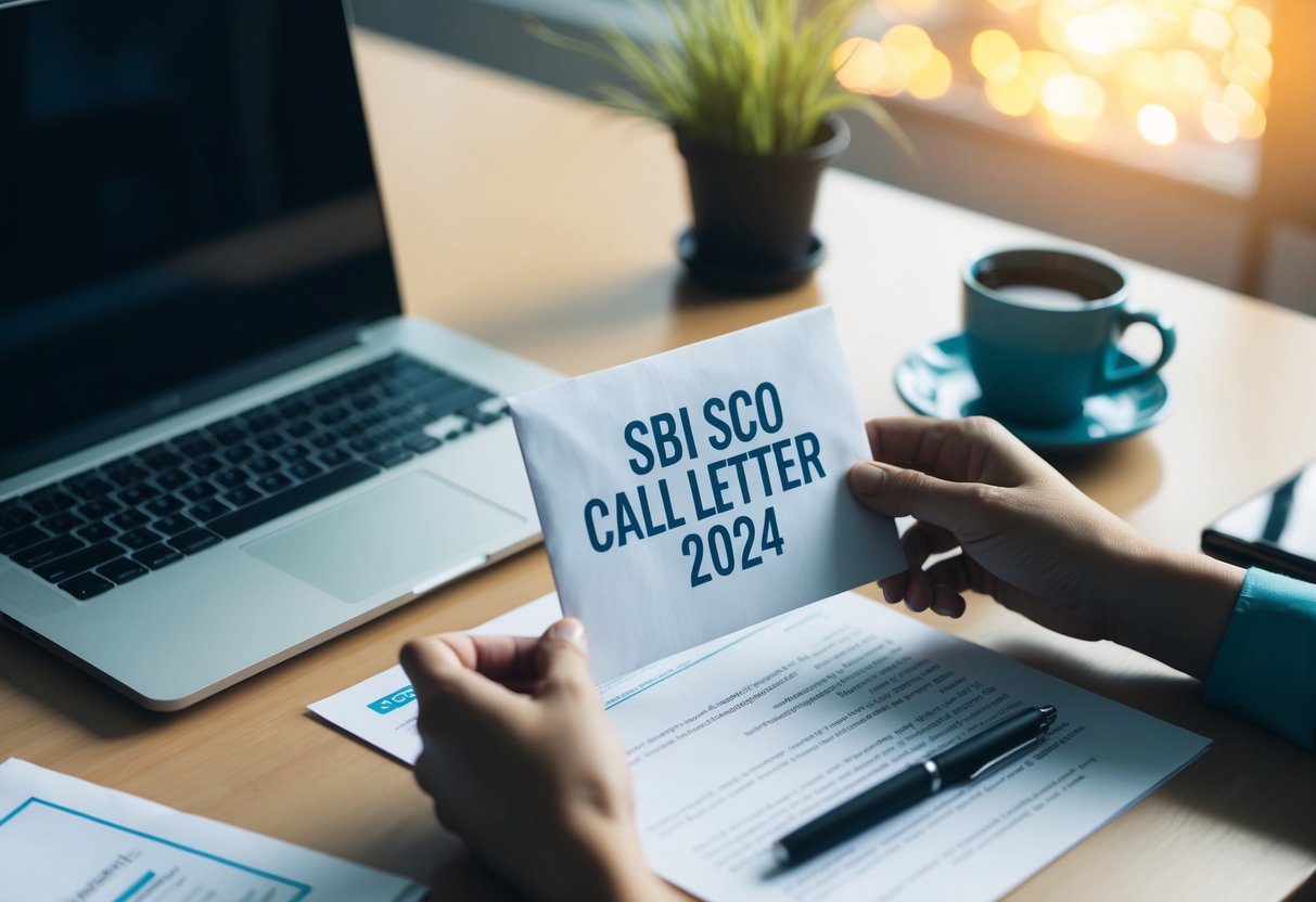 A desk with a laptop, pen, and paper. An envelope with "SBI SCO Call Letter 2024" is being opened