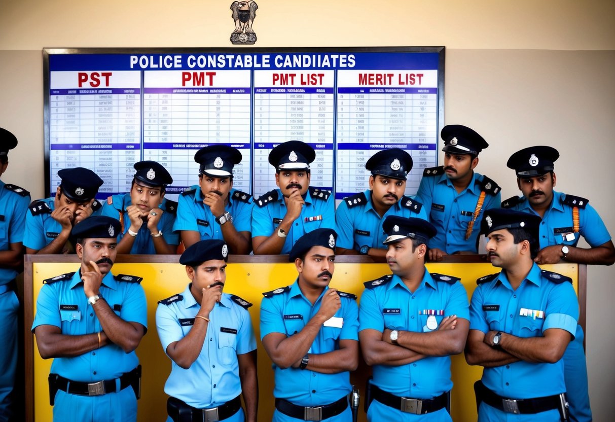 A group of police constable candidates anxiously checking their PST and PMT results on a notice board, with HSSC merit list in the background