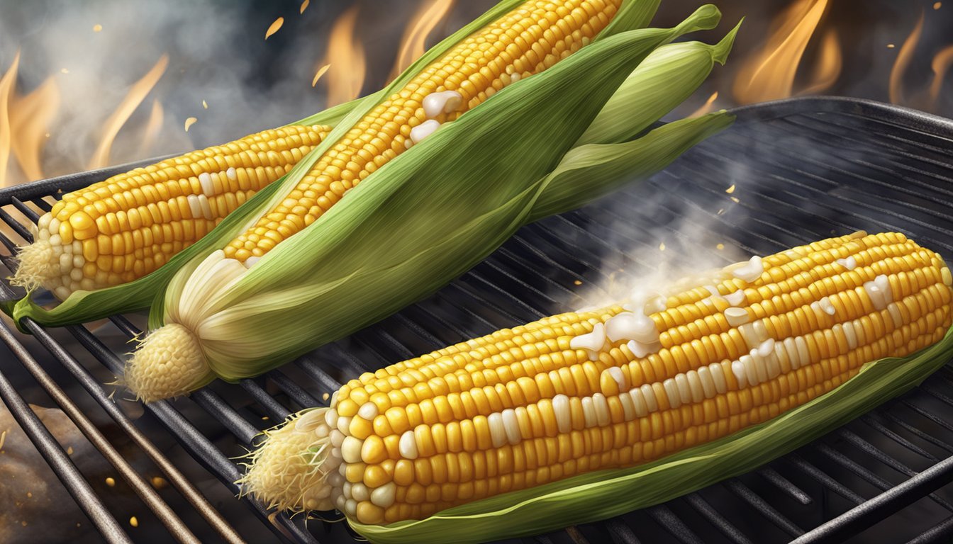 Corn on the cob on a grill, being brushed with melted butter and sprinkled with seasoning. Smoke rising from the BBQ