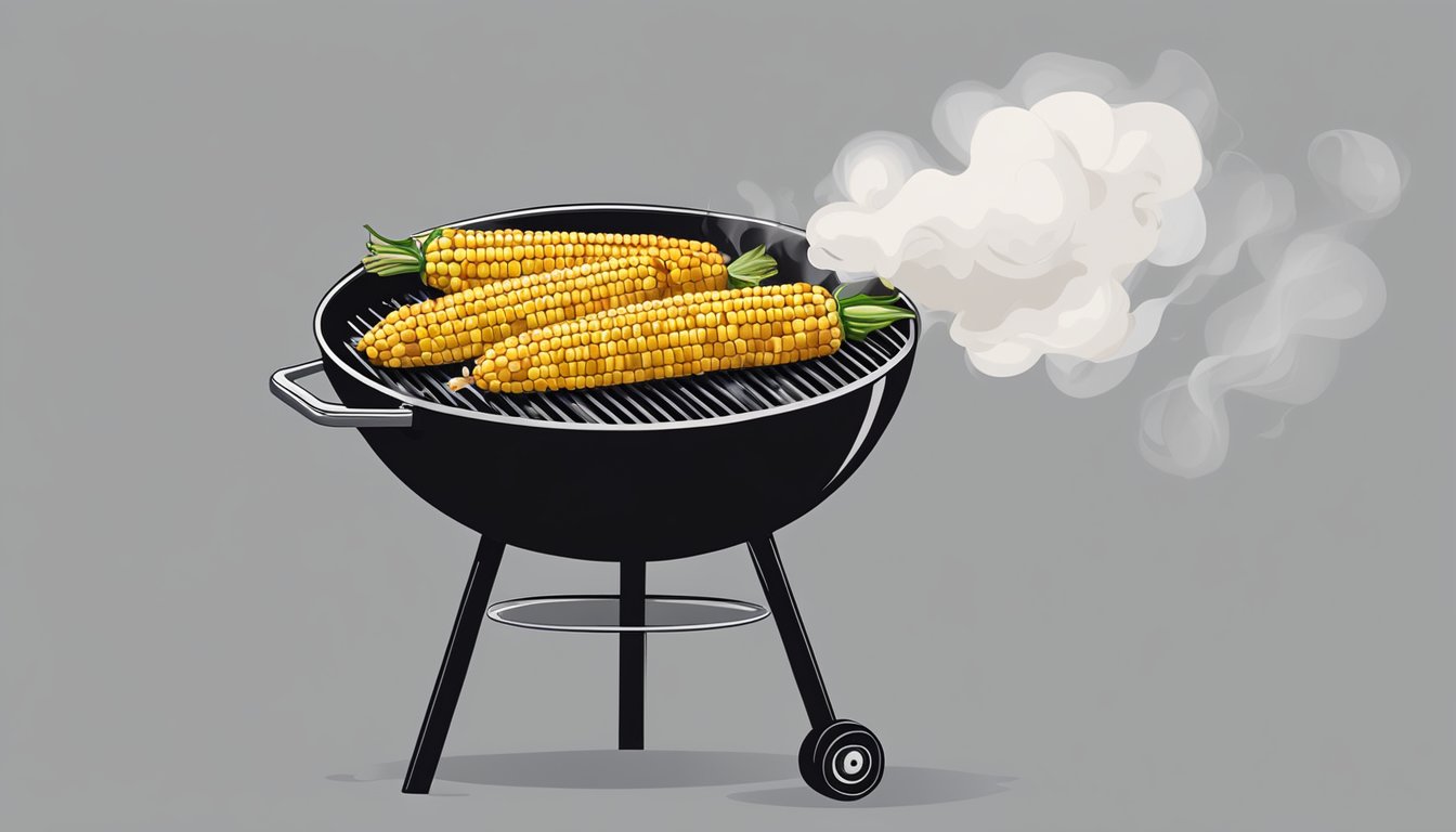 A grill with charred corn cobs on a platter, surrounded by BBQ sauce and seasoning, with smoke rising