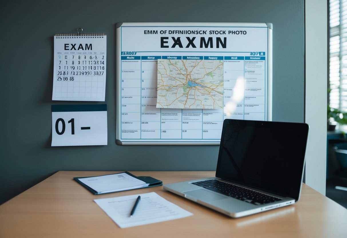 A desk with a laptop, pen, and paper. A wall calendar displays the date of the exam. A map of the exam city is pinned to the wall