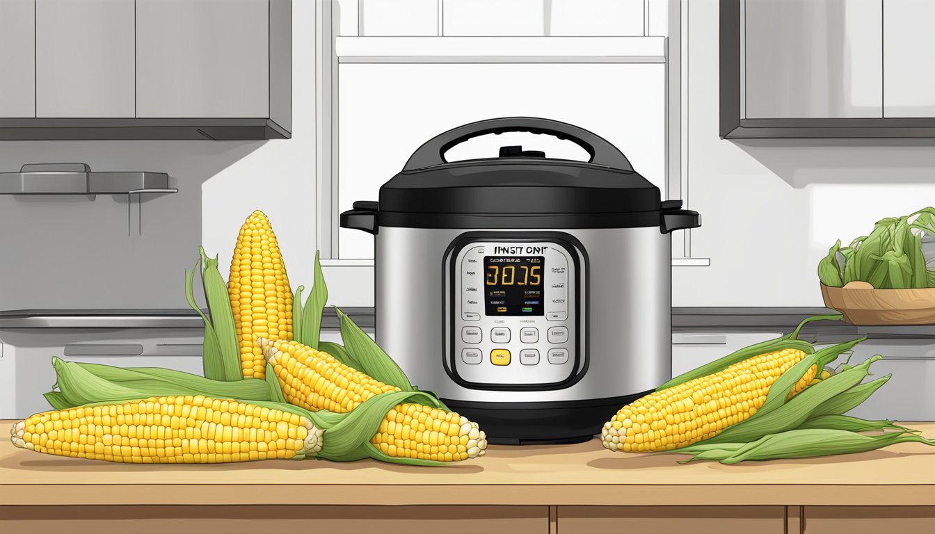 A pile of fresh corn on the cob sits next to a modern Instant Pot, ready to be cooked