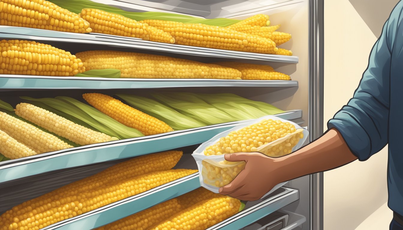 A hand reaching into a grocery store freezer, grabbing a bag of frozen corn on the cob