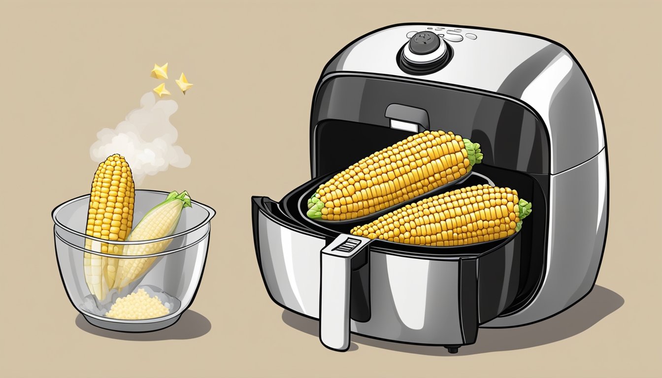 Fresh corn on the cob placed in an air fryer, surrounded by steam and sizzling sounds