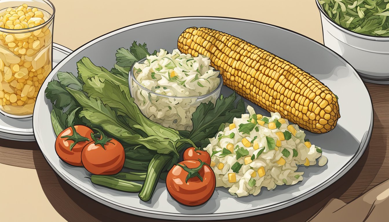 A plate of grilled vegetables and a bowl of creamy coleslaw sit next to a perfectly cooked ear of corn on the cob in an air fryer