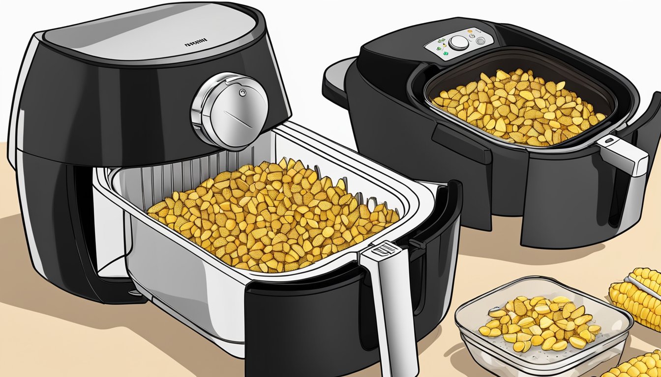 An air fryer filled with leftover corn on the cob, ready to be stored and reheated