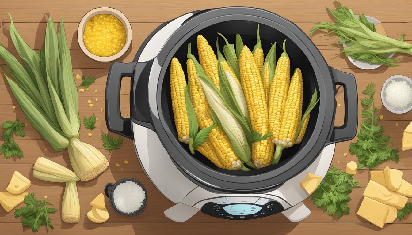 Fresh corn on the cob being placed into a slow cooker with seasonings and herbs scattered around on a wooden cutting board