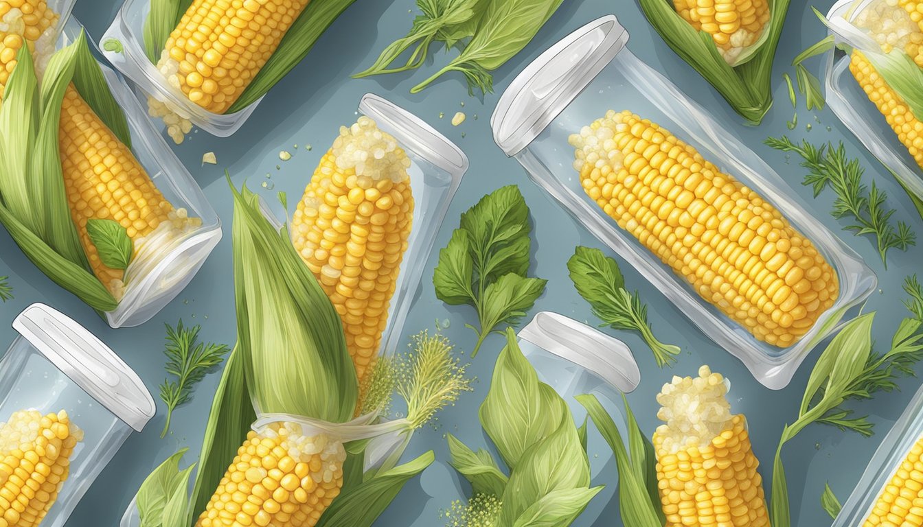 Corn on the cob being vacuum-sealed and placed in a sous vide water bath, with various herbs and seasonings scattered around