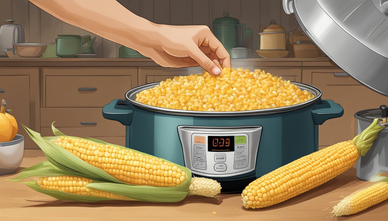 A hand reaching for a fresh ear of corn beside a pressure cooker