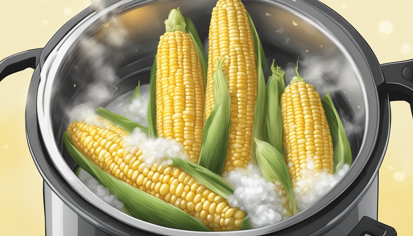 Fresh corn on the cob being placed in a pressure cooker, steam escaping as the kernels are infused with flavor