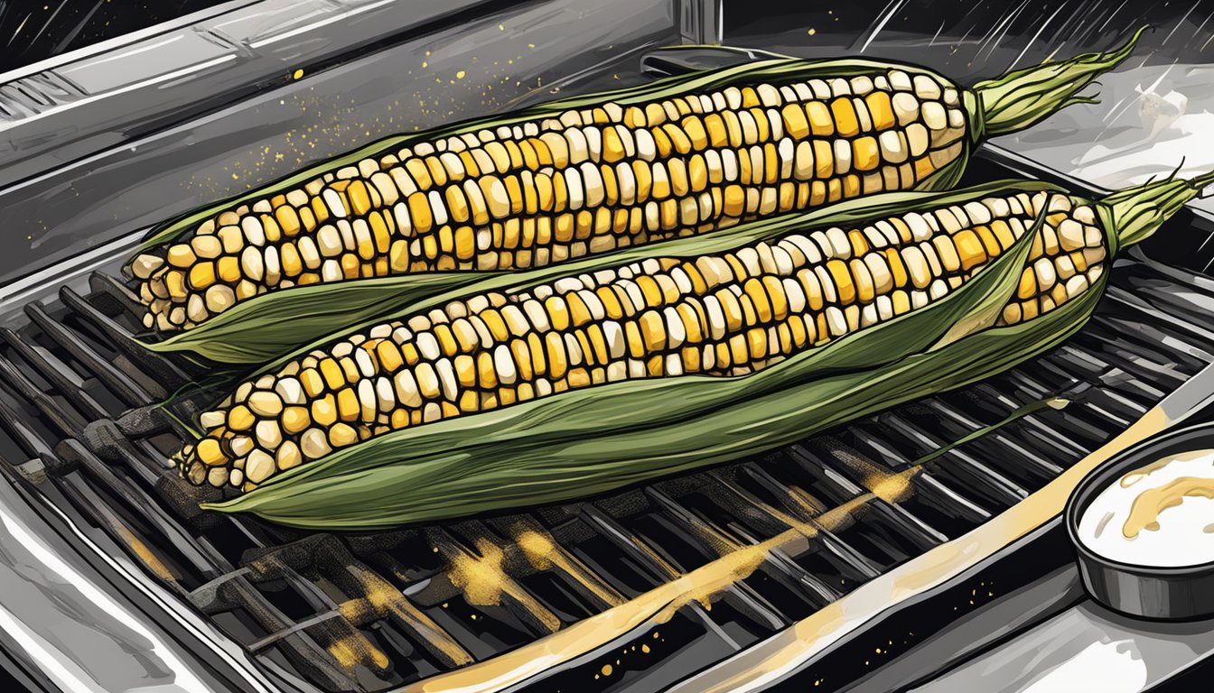 A golden ear of corn rests on a blackstone grill, with char marks and a drizzle of melted butter, ready to be served