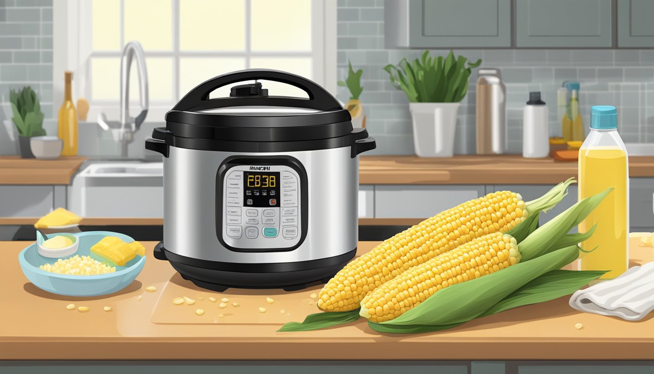 A pressure cooker sits on a clean kitchen counter next to a stack of fresh corn on the cob. A damp cloth and a bottle of cleaning solution are nearby