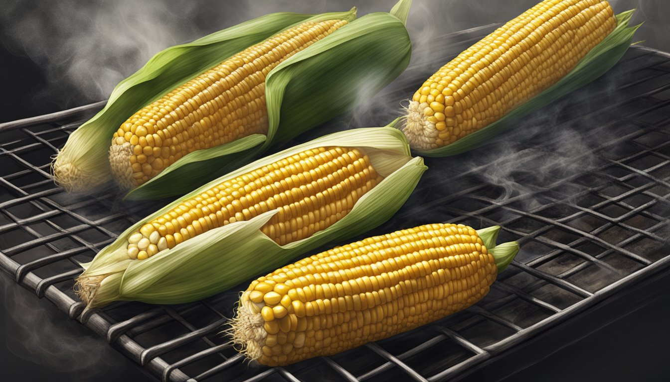 Fresh corn on the cob being grilled over hot charcoal, with smoke rising and the kernels sizzling as they cook to perfection